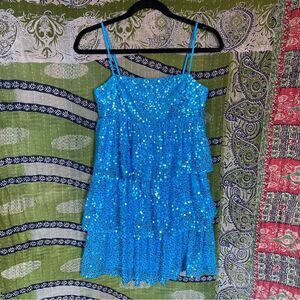 Vintage 90's Betsey Johnson Evening Turqouise Silk Sequined Mini Dress Size 2